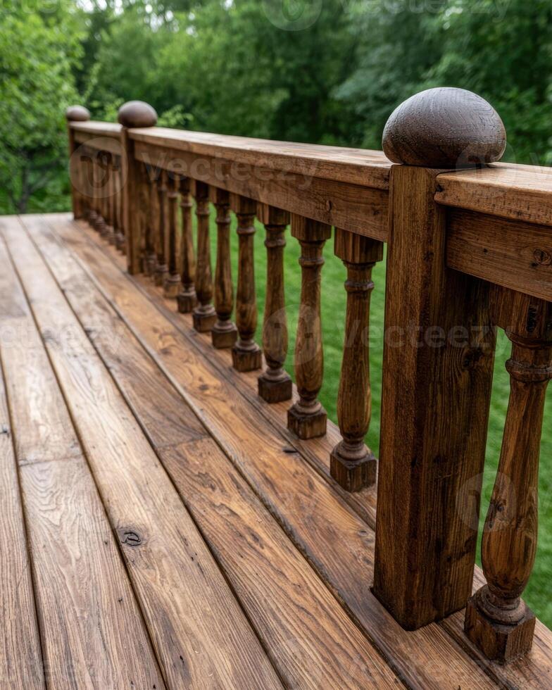 A wooden deck with a railing overlooks a green lawn photo
