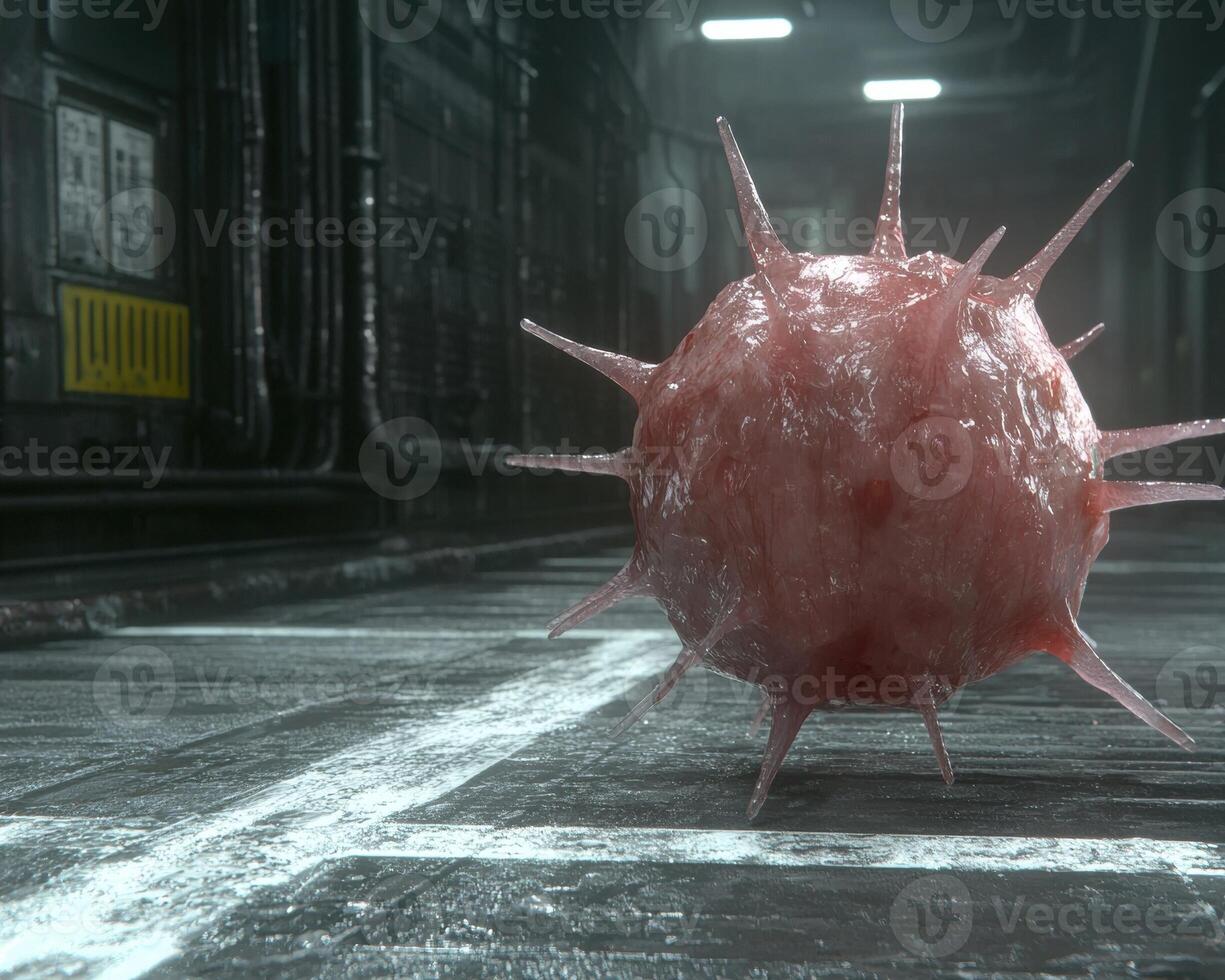 A virus cell on a floor in a dark environment photo