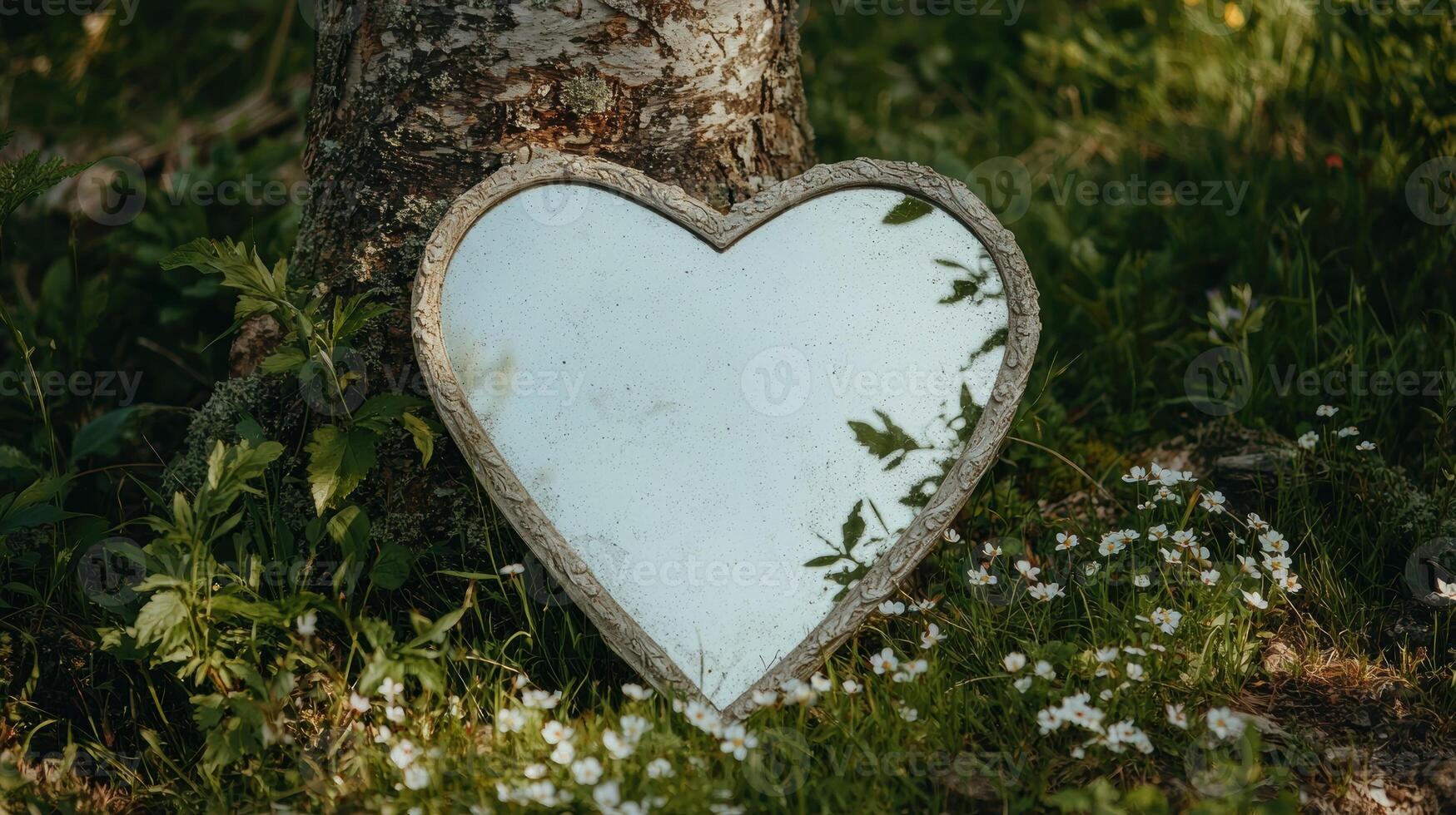 Heart shaped mirror leaning against a tree in a field of flowers photo