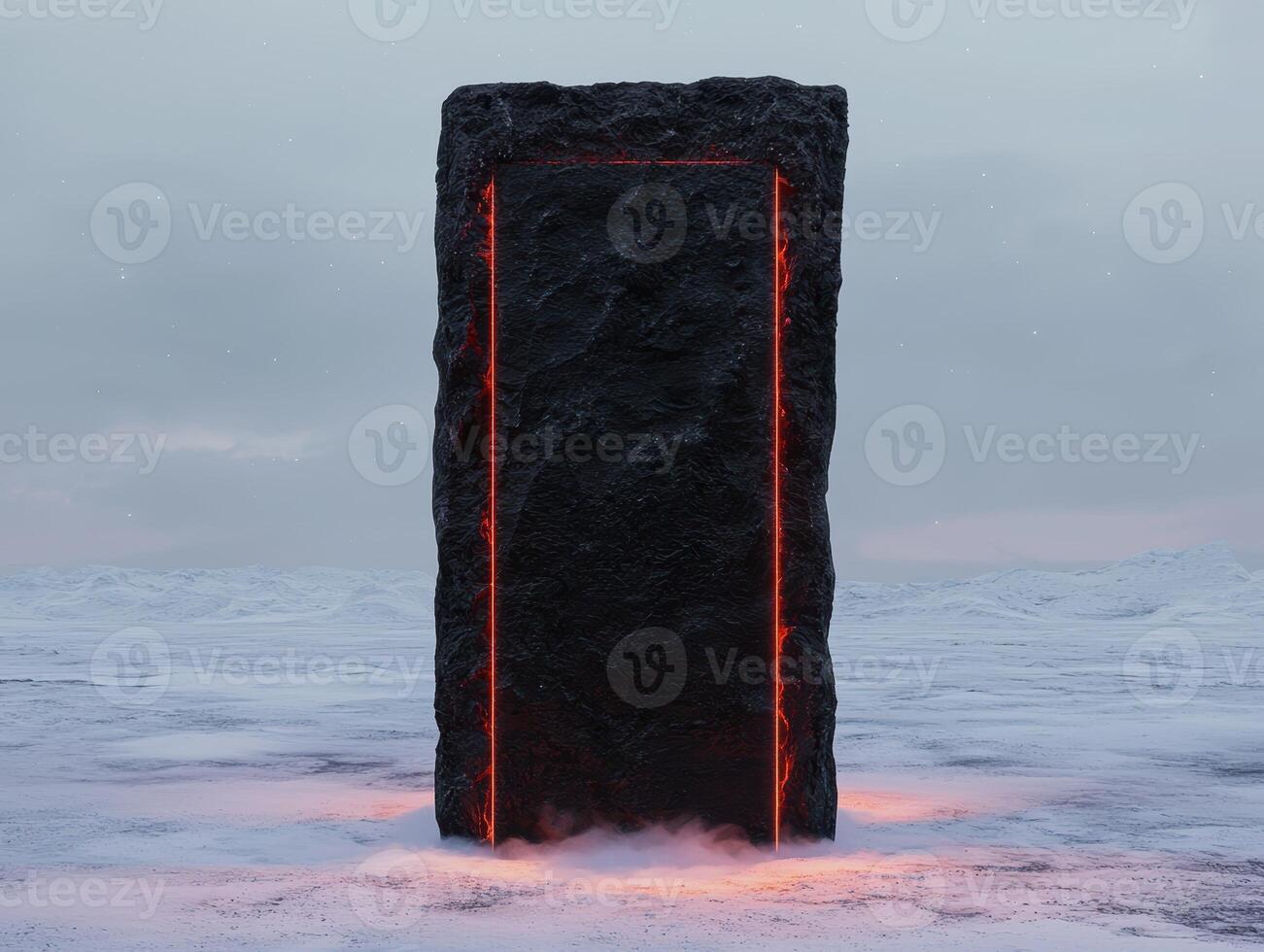 Mysterious monolith with glowing red edges standing in a snowy landscape photo