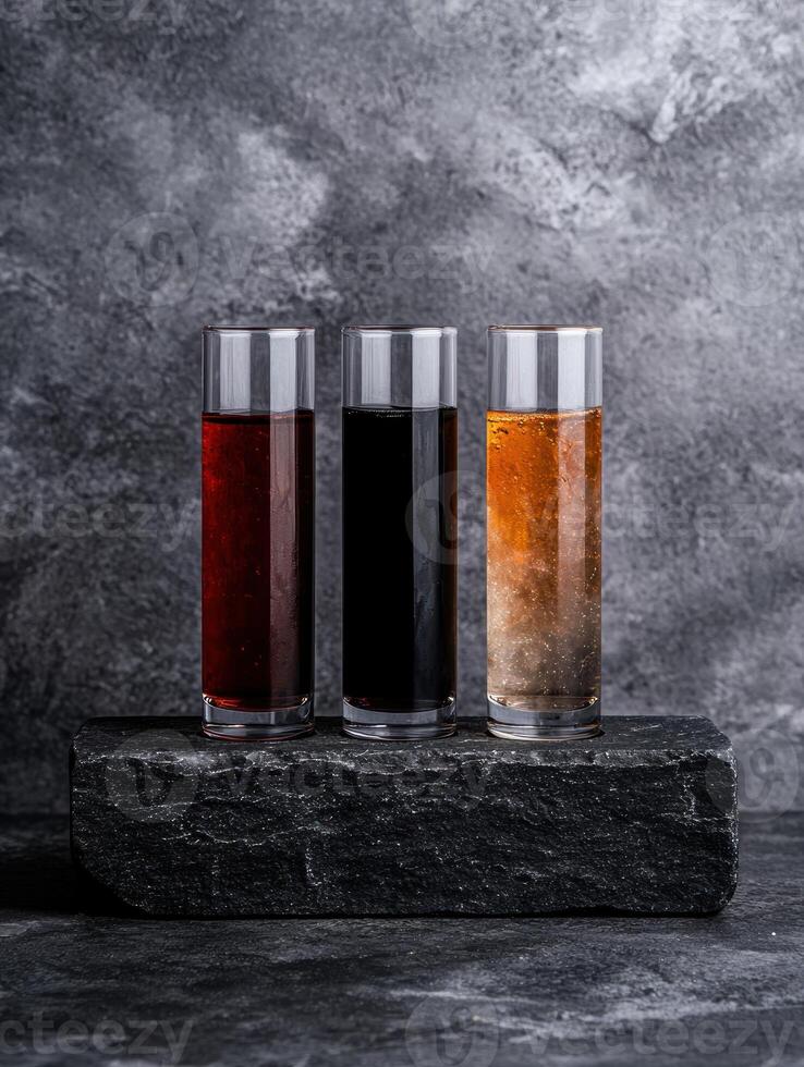 Three different colored drinks in tall glasses on a stone photo