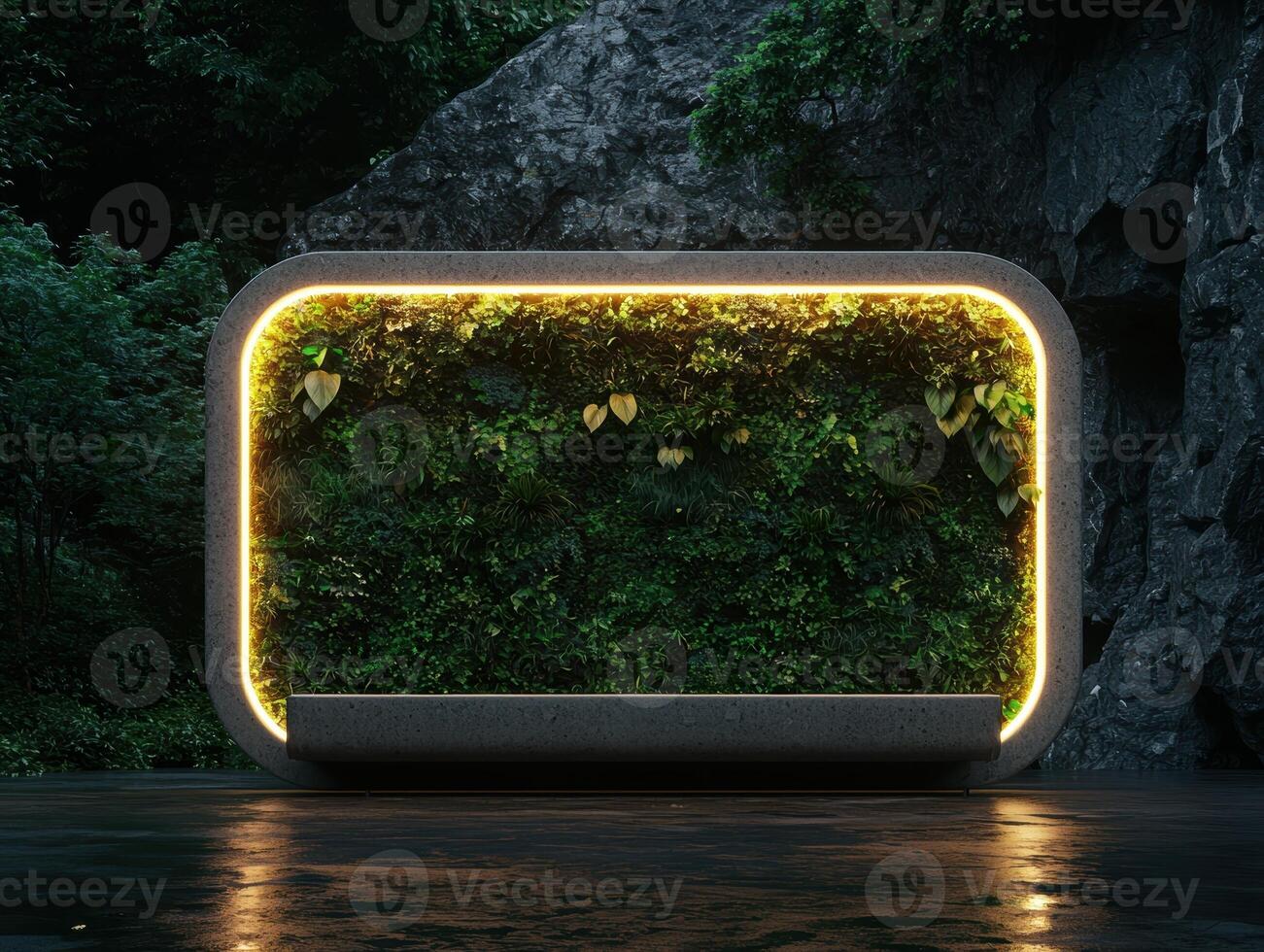 Illuminated vertical garden in a modern architectural frame photo