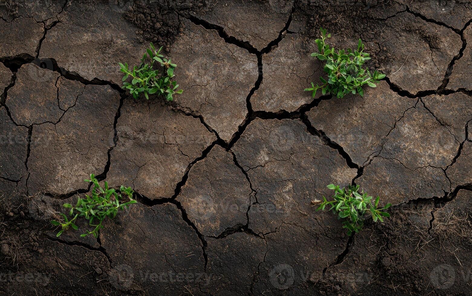 Resilience. Green plants emerge from cracked, dry earth photo