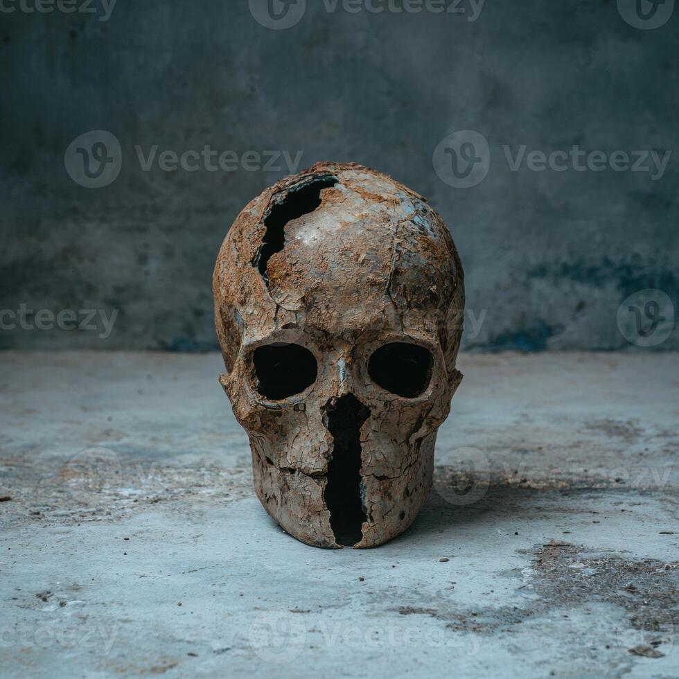 An old, weathered skull sits on a concrete surface photo