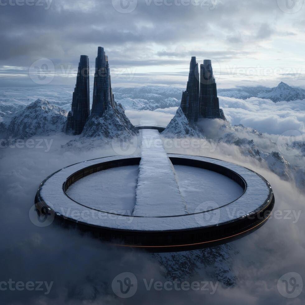 Futuristic city in the mountains above the clouds photo