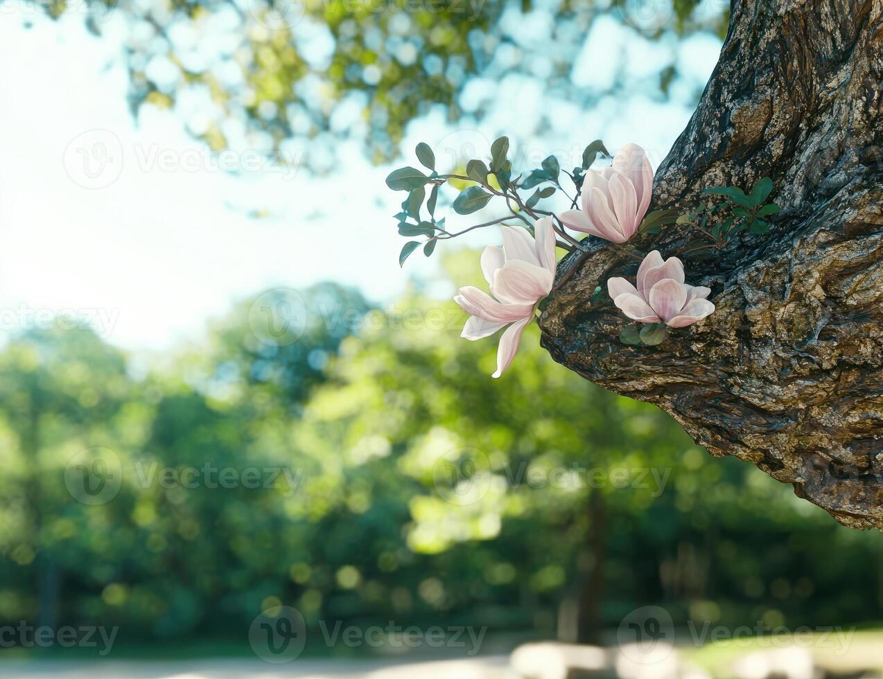 Pink magnolia flowers blooming on a tree branch in spring photo