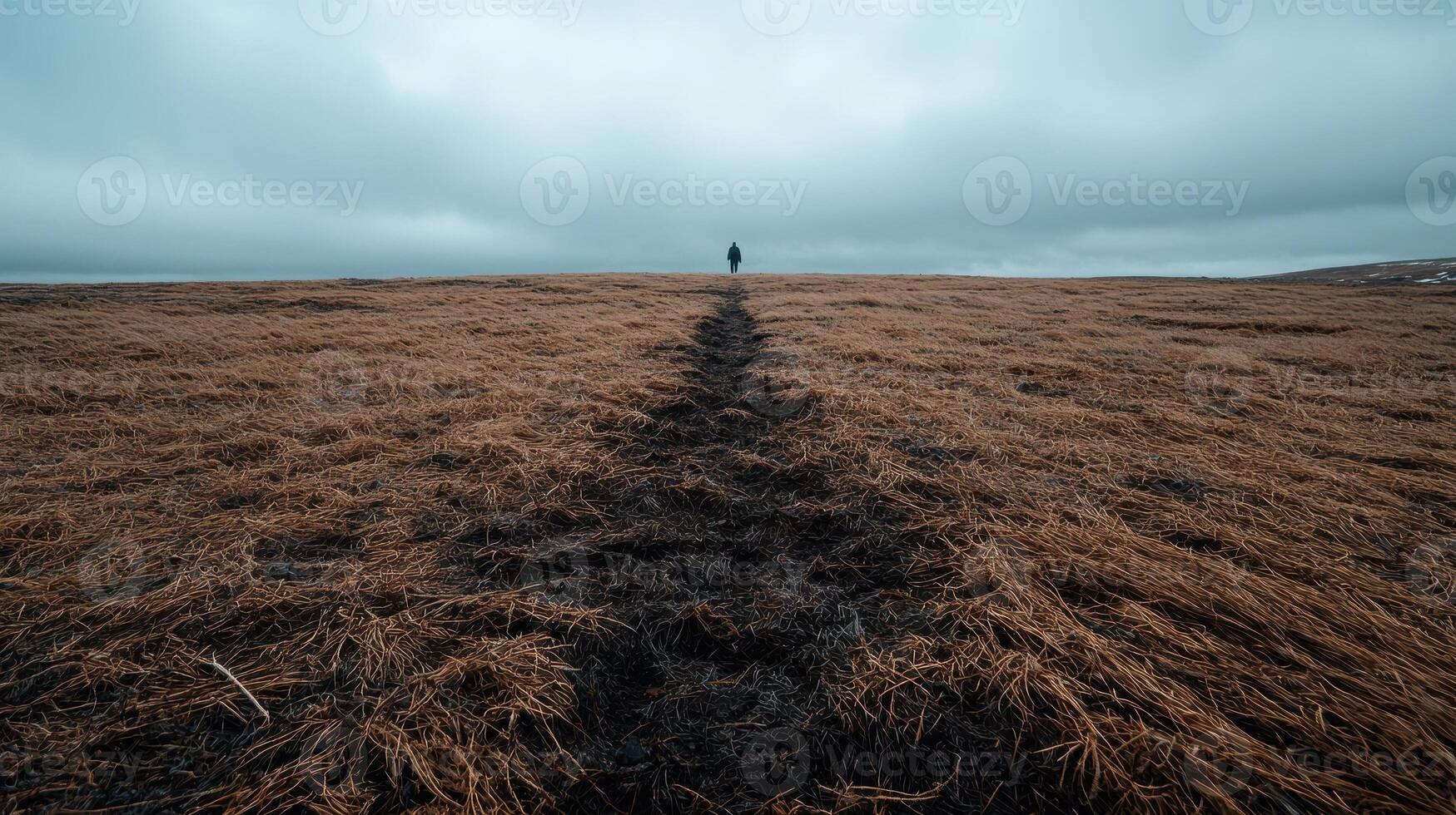 A lone figure walks into the distance across a desolate landscape photo