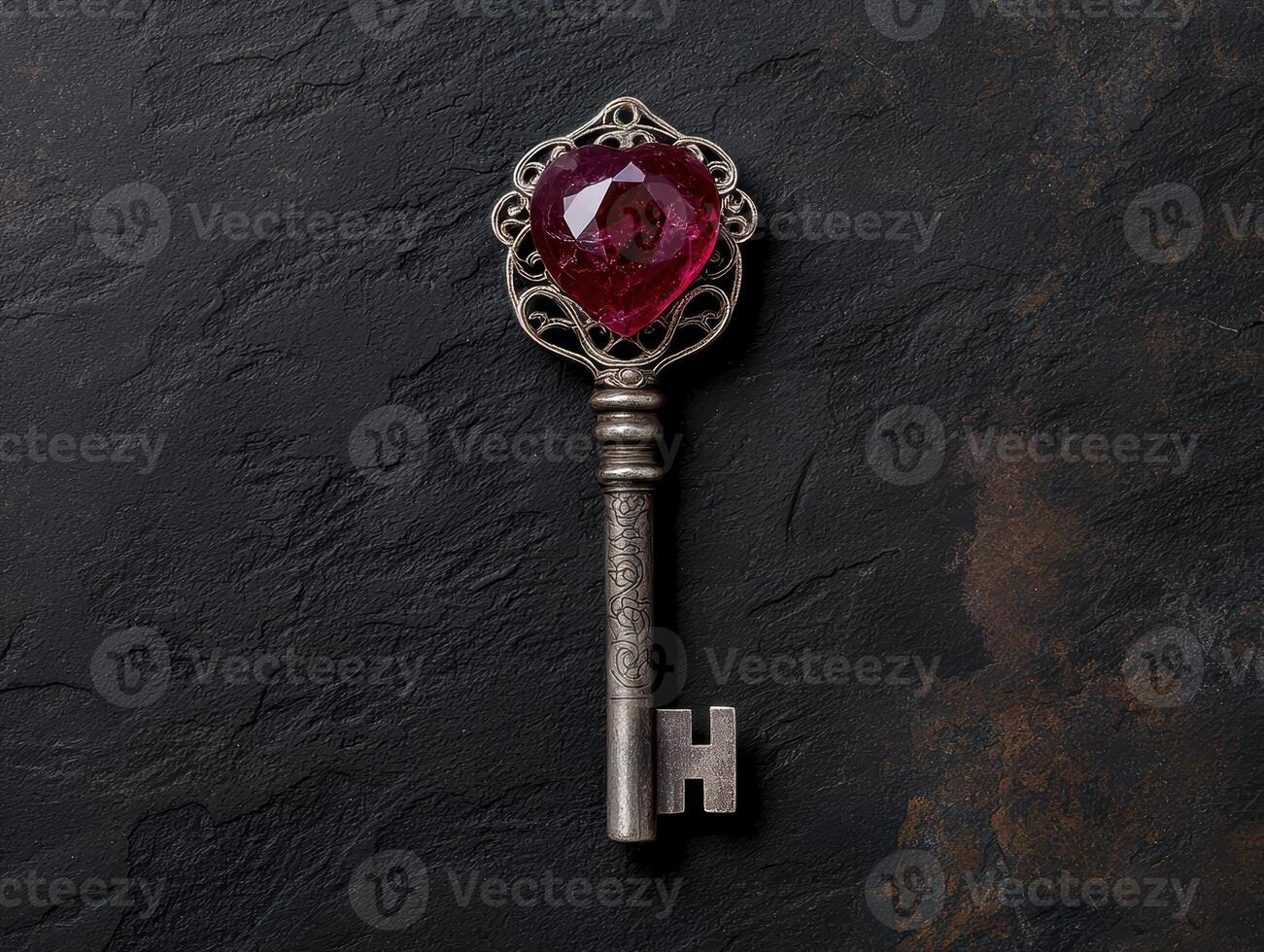 A vintage key with a heart shaped ruby on a dark textured background photo