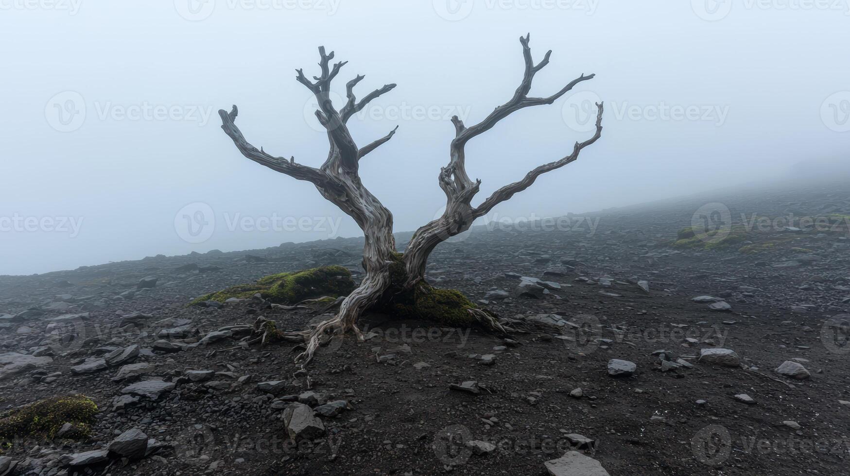 Solitary dead tree in a desolate landscape shrouded in fog photo