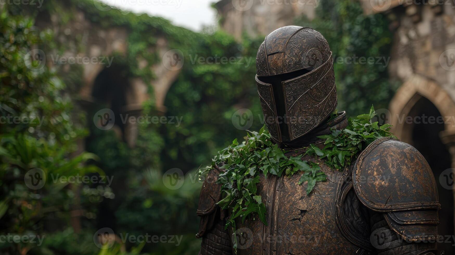 An armored knight stands guard in a lush, overgrown courtyard photo