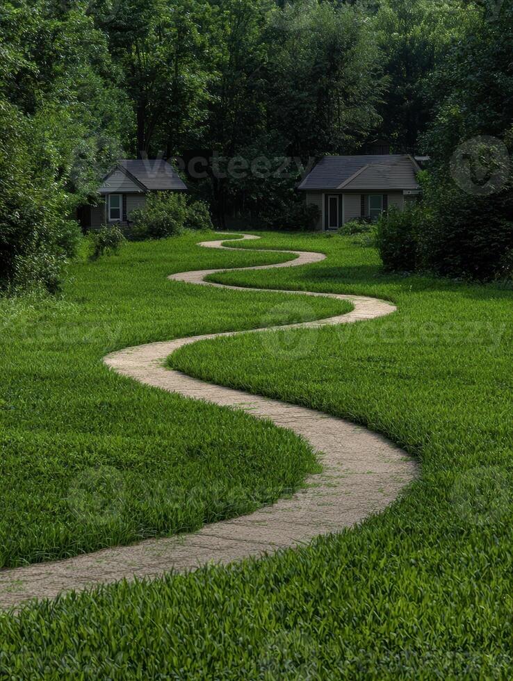 A winding path leads to two houses in a green field photo