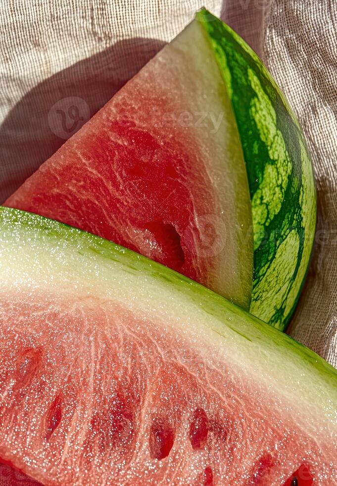 Close up of fresh watermelon slices on a textured surface photo