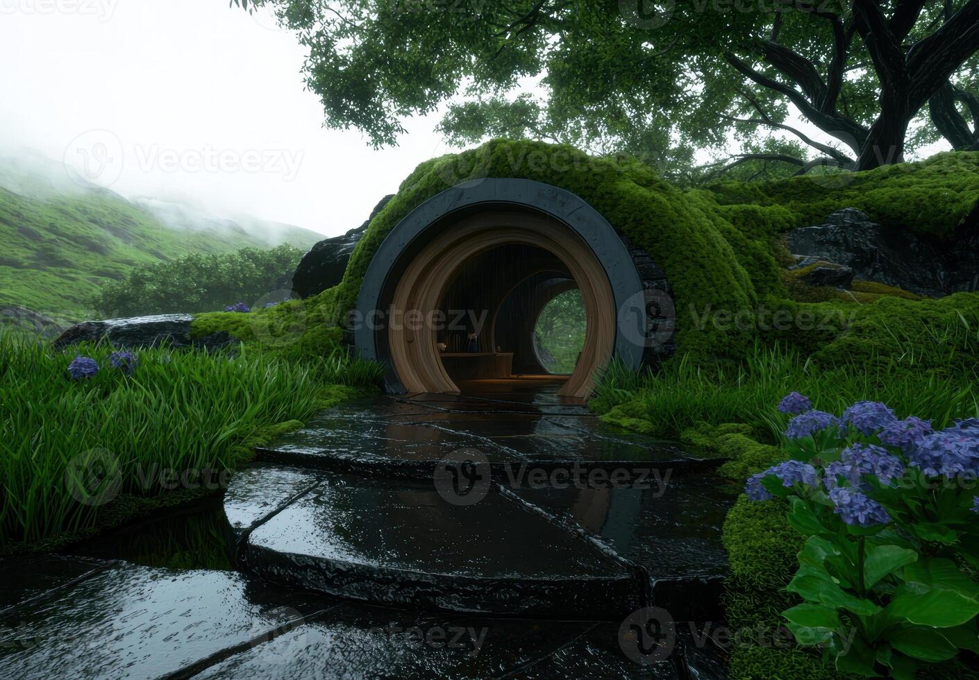 A underground house entrance covered in moss with a stone path in a lush green landscape photo
