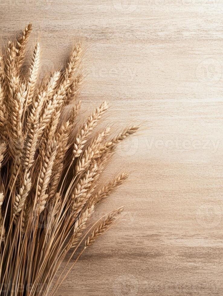 Sheaf of wheat on a wooden surface photo