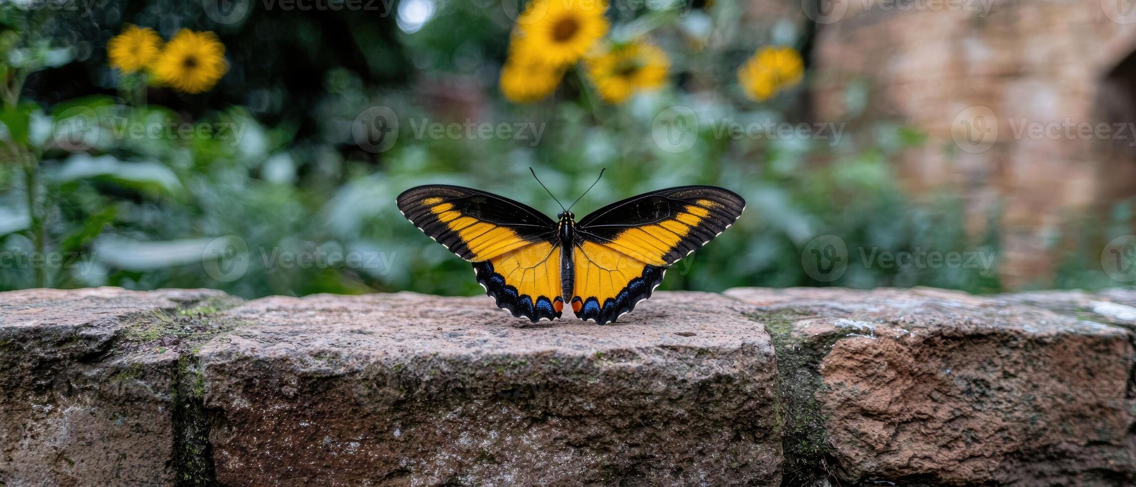 A beautiful butterfly resting on a stone wall photo
