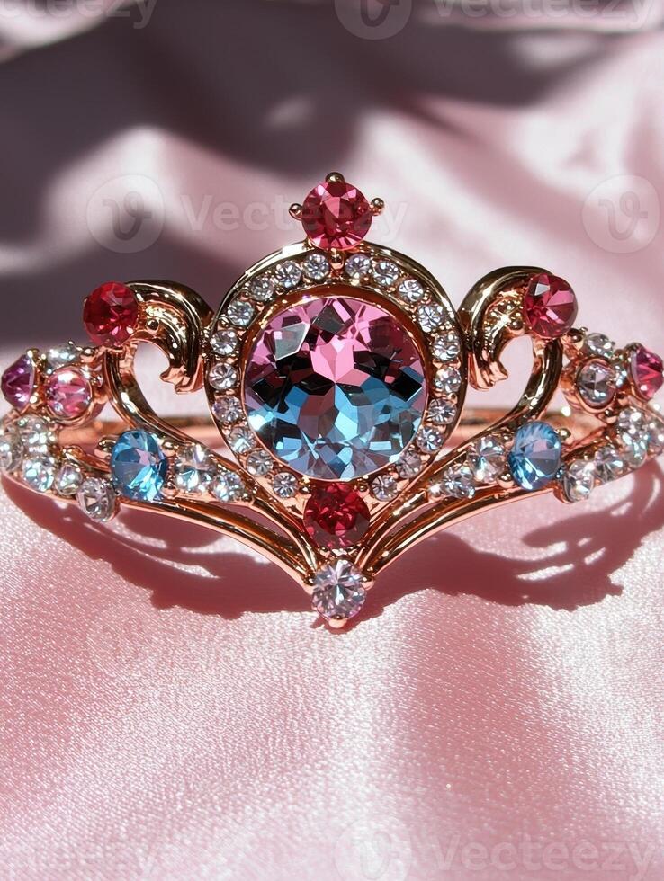Elegant gold tiara with pink and blue gemstones on a pink satin background photo