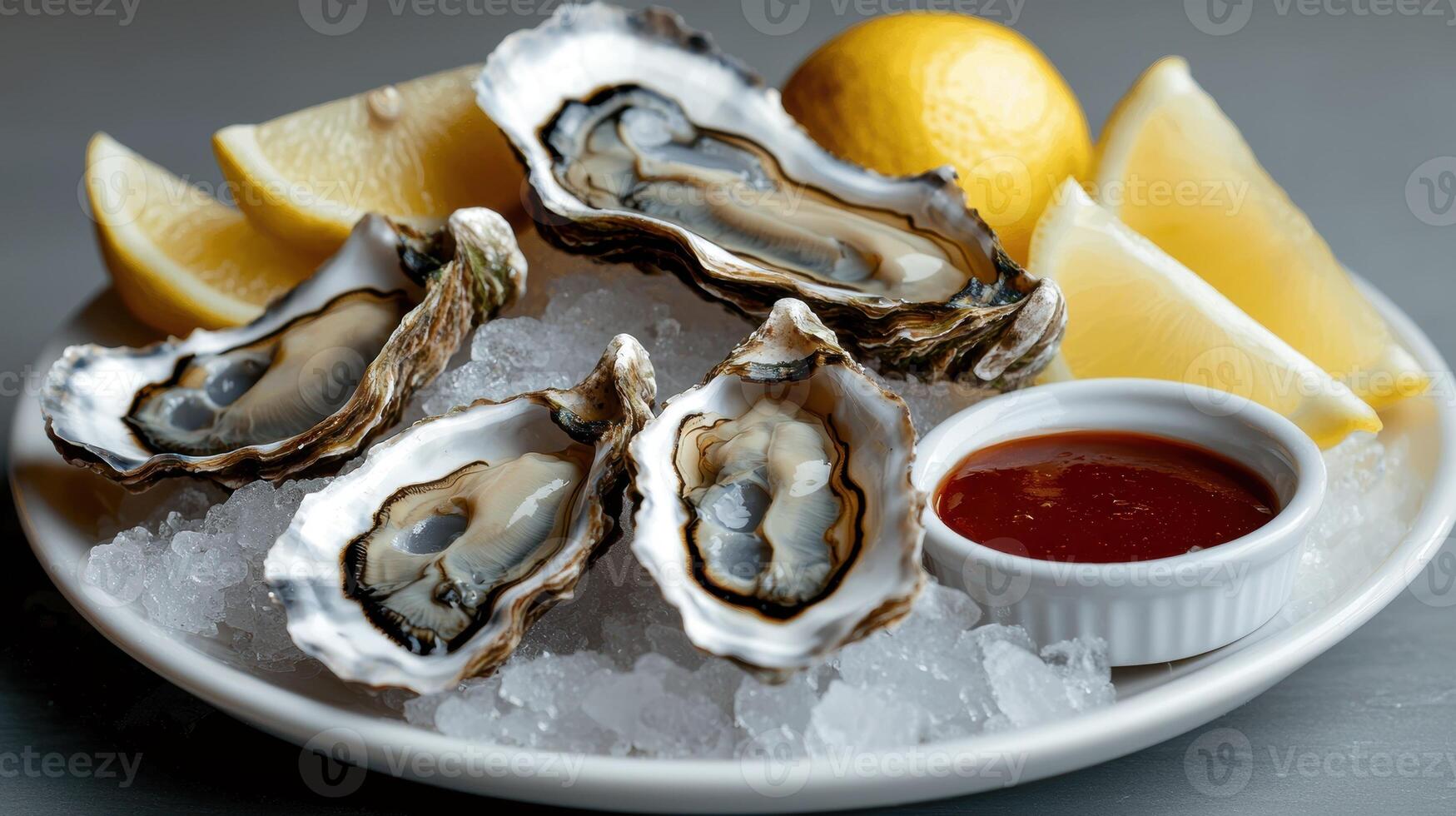 Fresh oysters on ice with lemon wedges and cocktail sauce photo