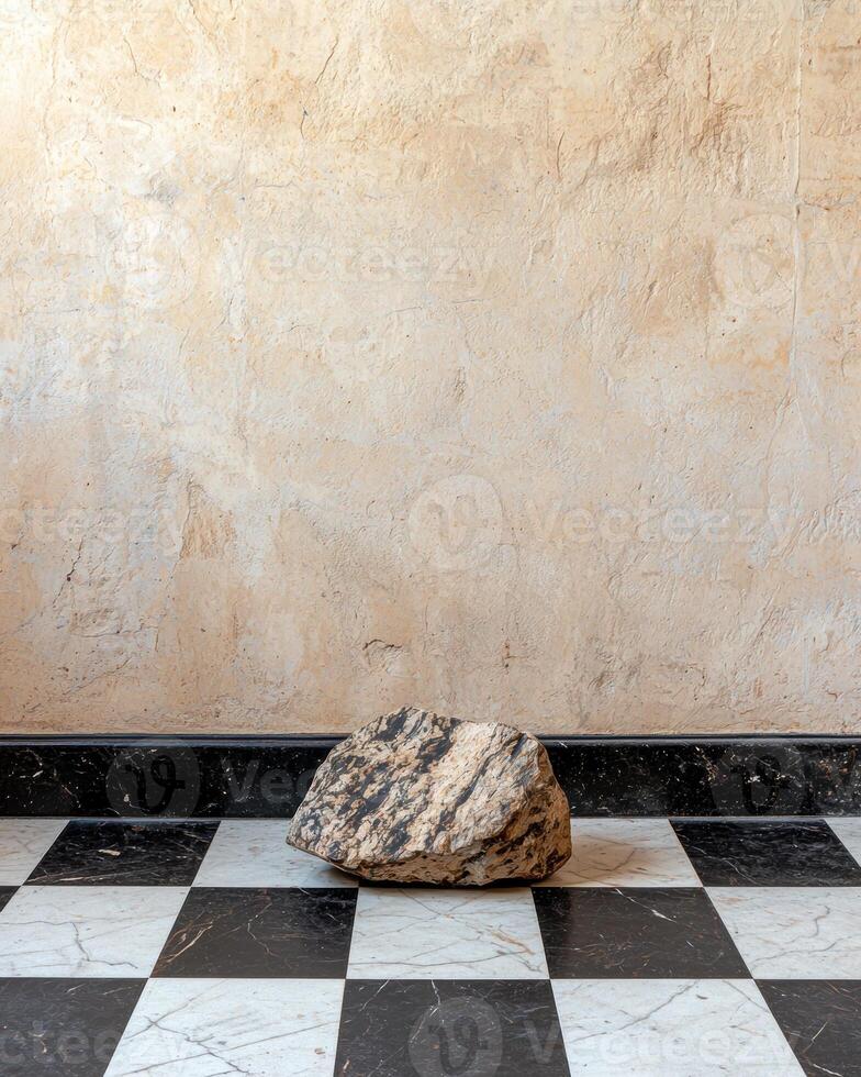 A rock sits on a black and white checkered floor against a textured wall photo