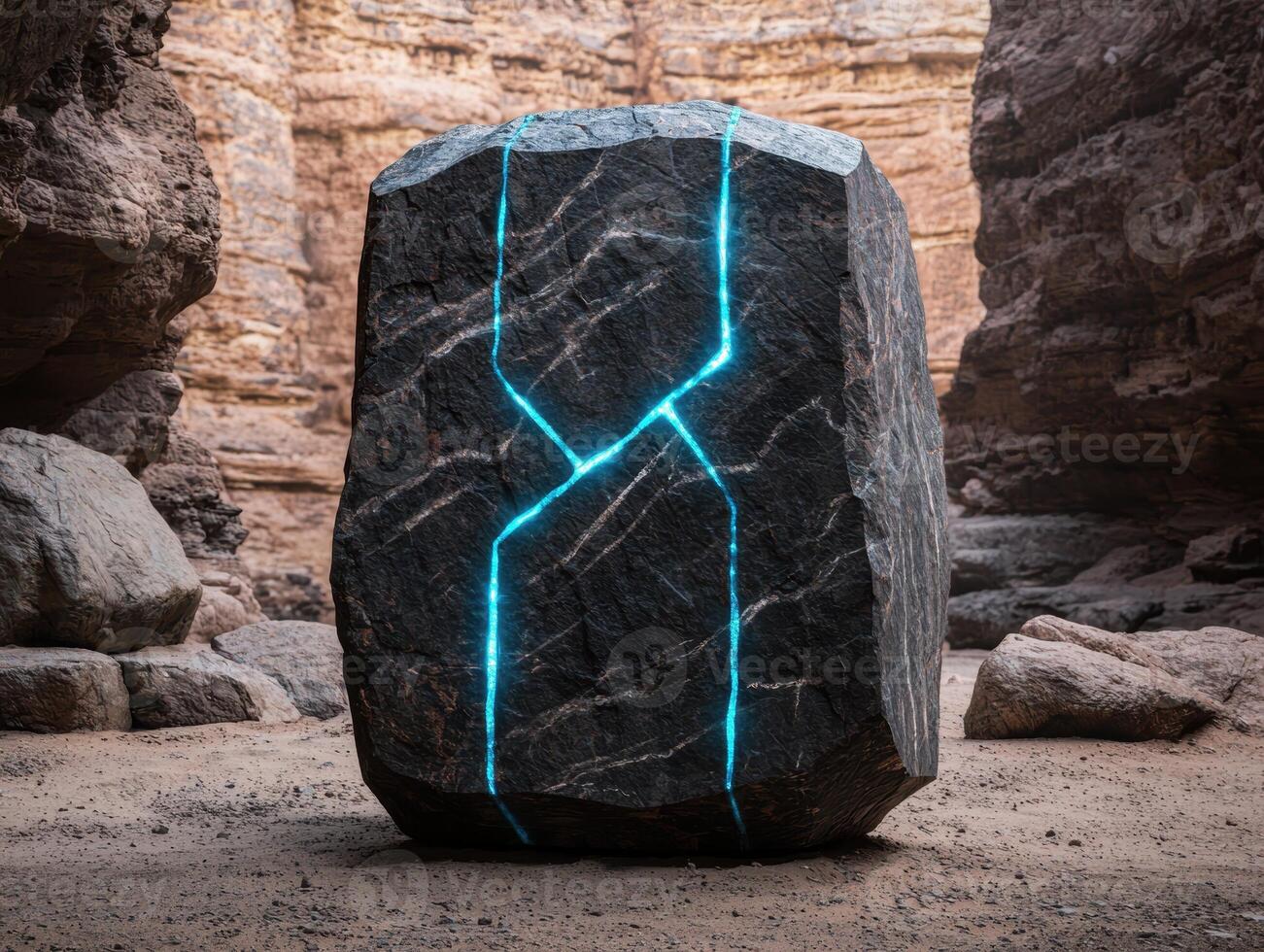 A large stone block with glowing blue cracks sits in a canyon photo