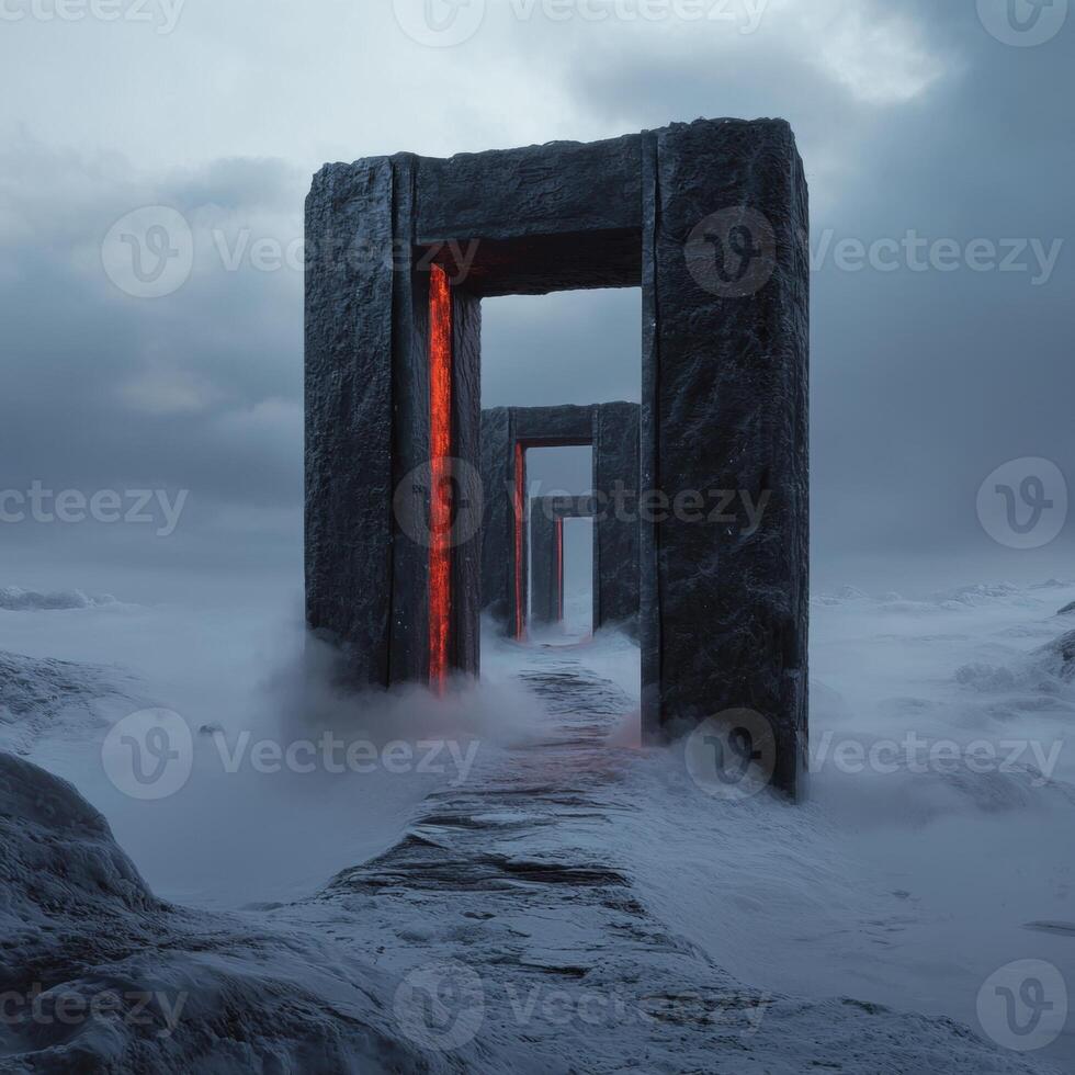Mystical stone portals in a snowy landscape with glowing red light photo