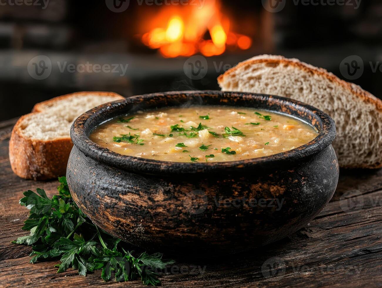 A bowl of hearty soup with bread by the fireplace photo