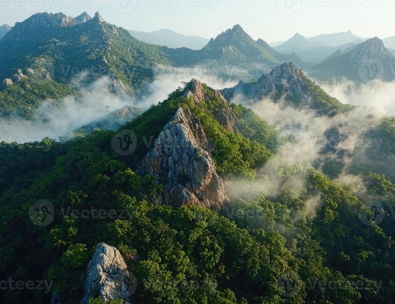 Mountains shrouded in mist and lush green vegetation photo