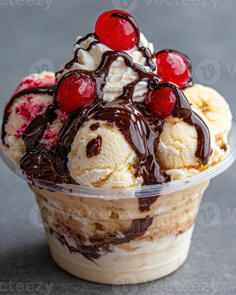 A delicious ice cream sundae with cherries and chocolate sauce photo