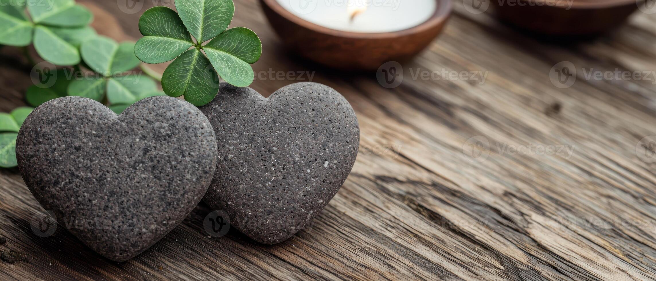 Stone hearts with clover on rustic wooden background photo