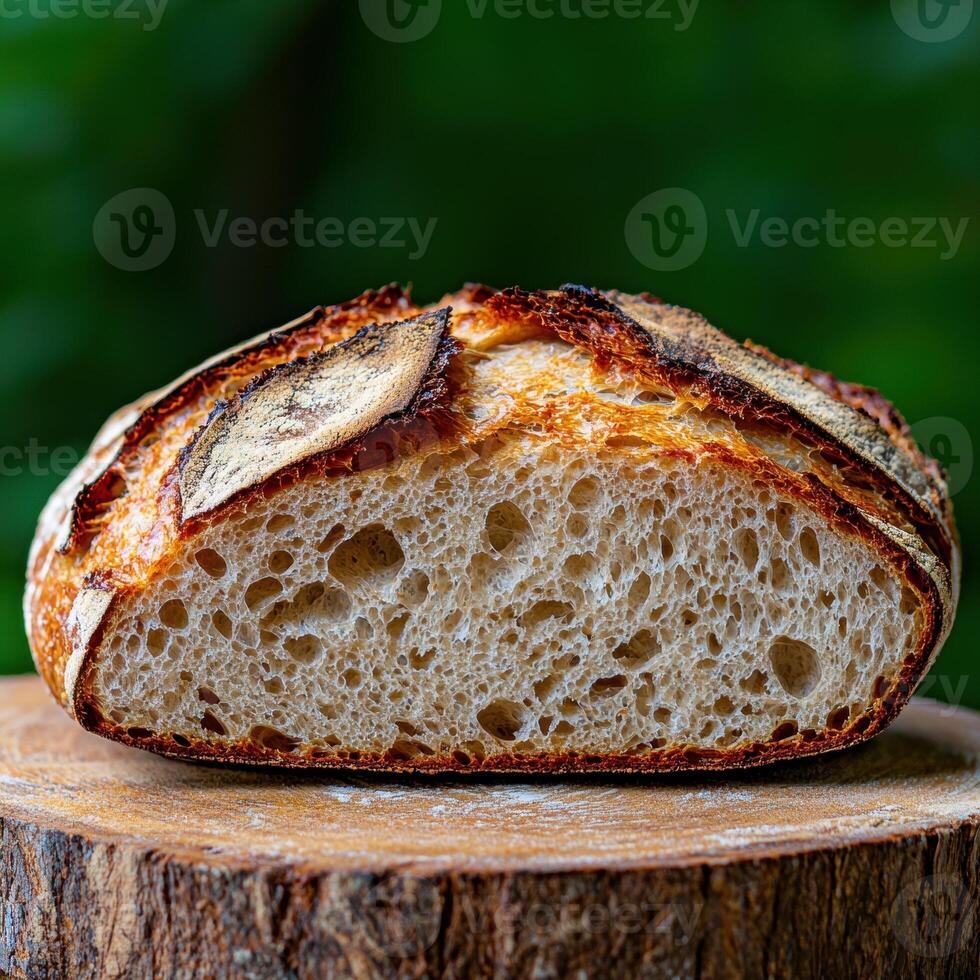 Freshly baked sourdough bread loaf on a wooden surface with a green background photo