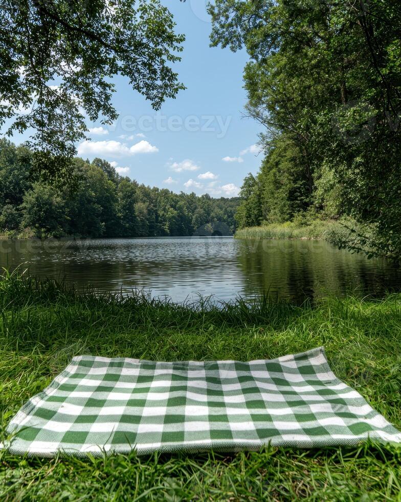 A picnic blanket on the grass by a lake on a sunny day photo