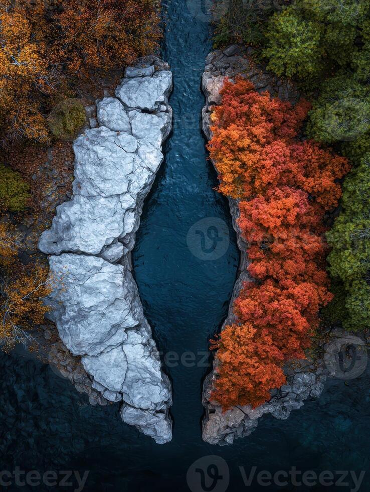 Aerial view of a river flowing through a rocky gorge with autumn foliage photo