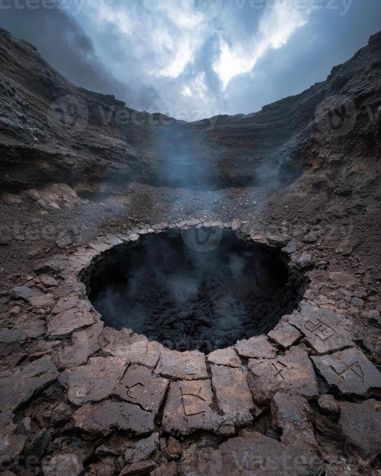 Volcanic crater with smoke and ancient symbols photo