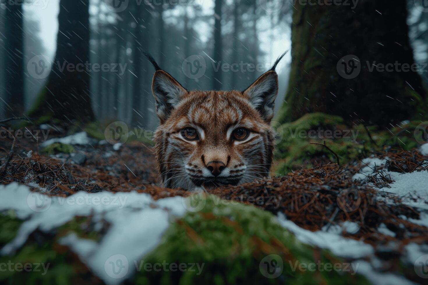 A lynx peers out from the forest floor photo