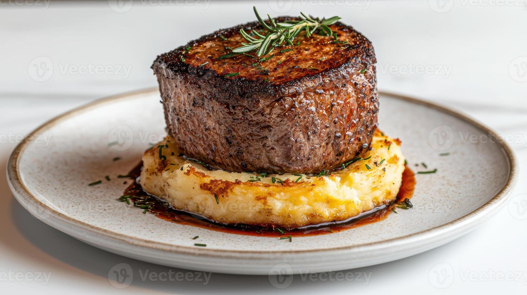 A perfectly seared steak sits atop a bed of mashed potatoes, garnished with fresh rosemary photo