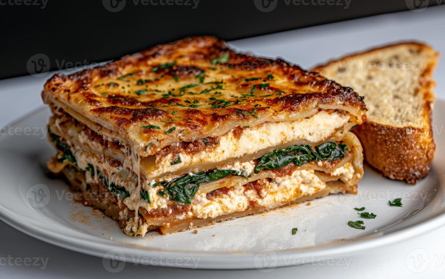 A delicious slice of lasagna with a side of bread photo