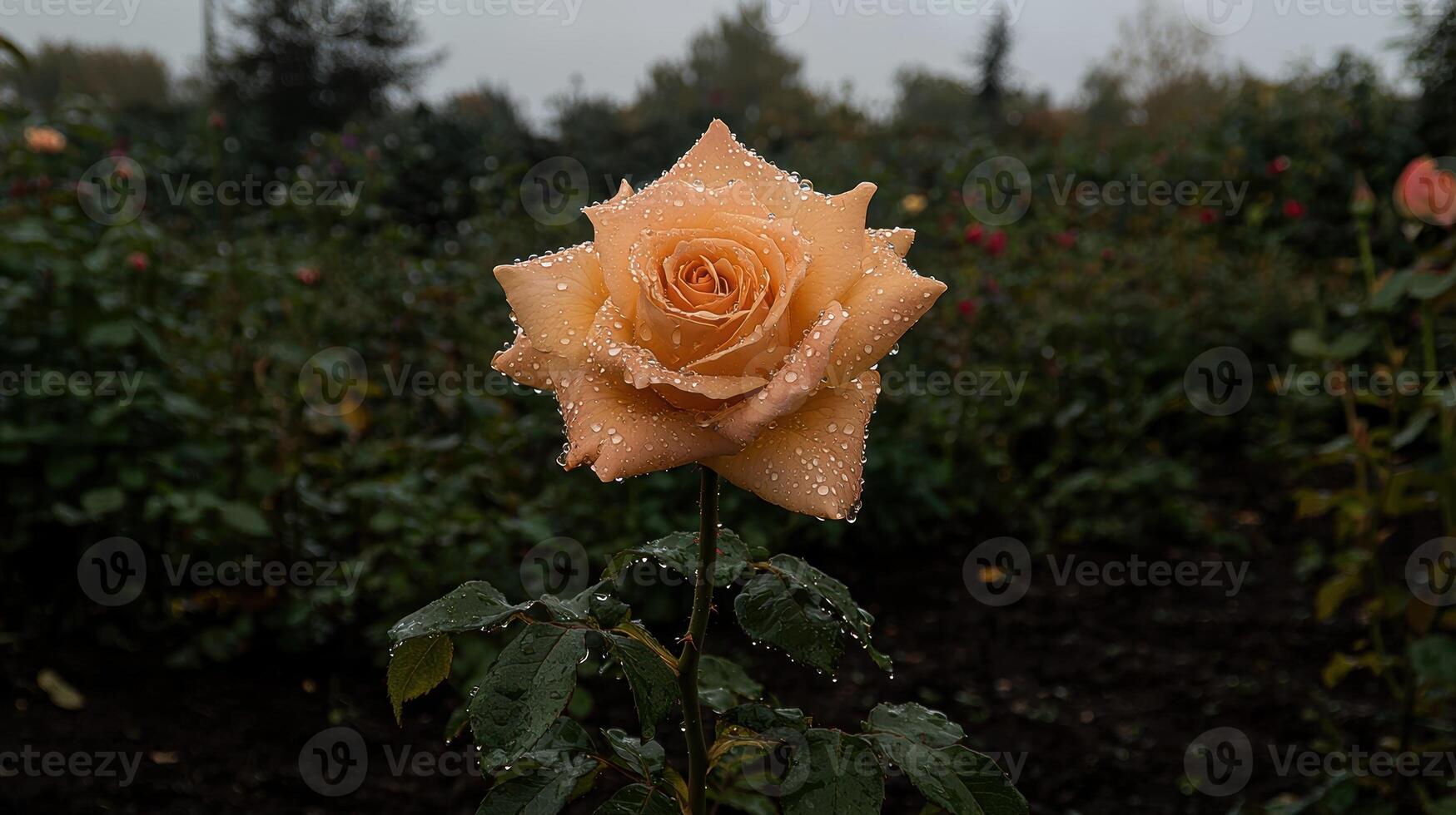 A peach rose covered in water droplets in a garden photo