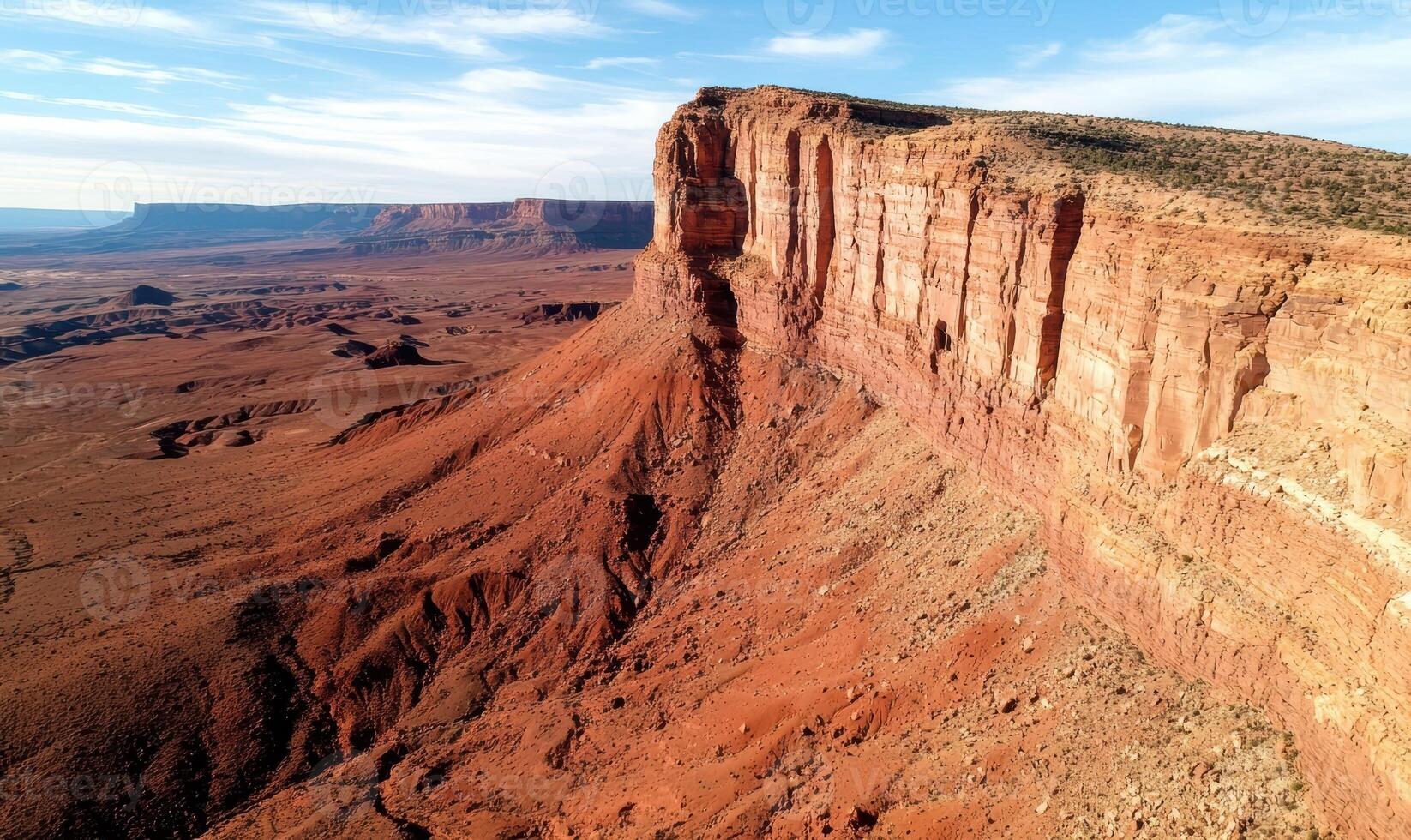 Dramatic red rock landscape with mesas and canyons under a blue sky photo