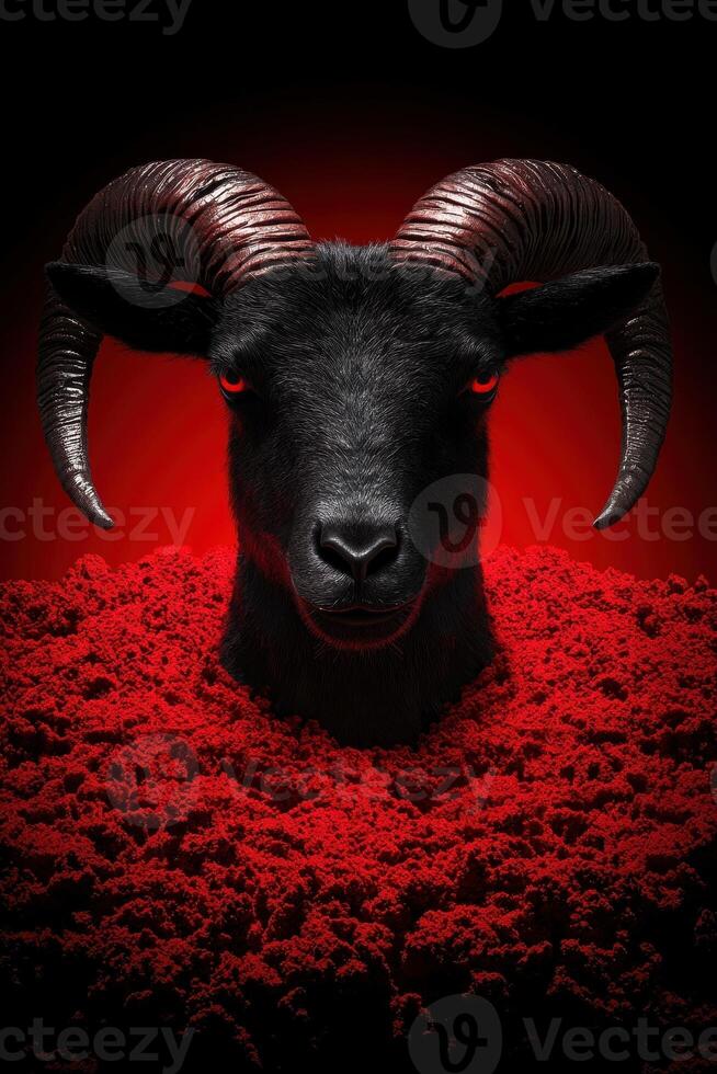 Dramatic portrait of a black ram with red eyes emerging from red powder photo