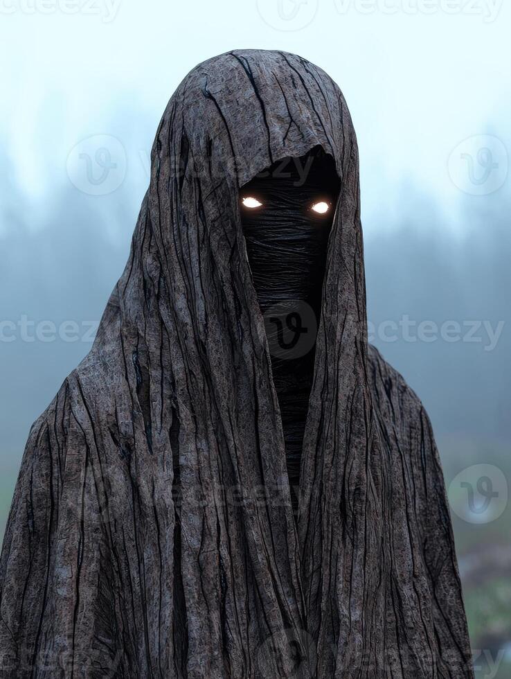 Mysterious hooded figure with glowing eyes in a foggy forest photo