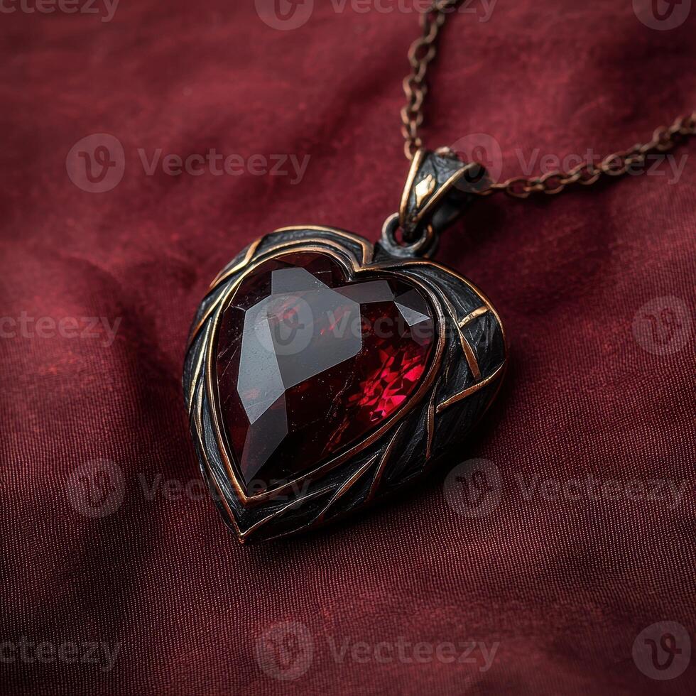 Heart shaped pendant with a ruby gemstone on red fabric photo