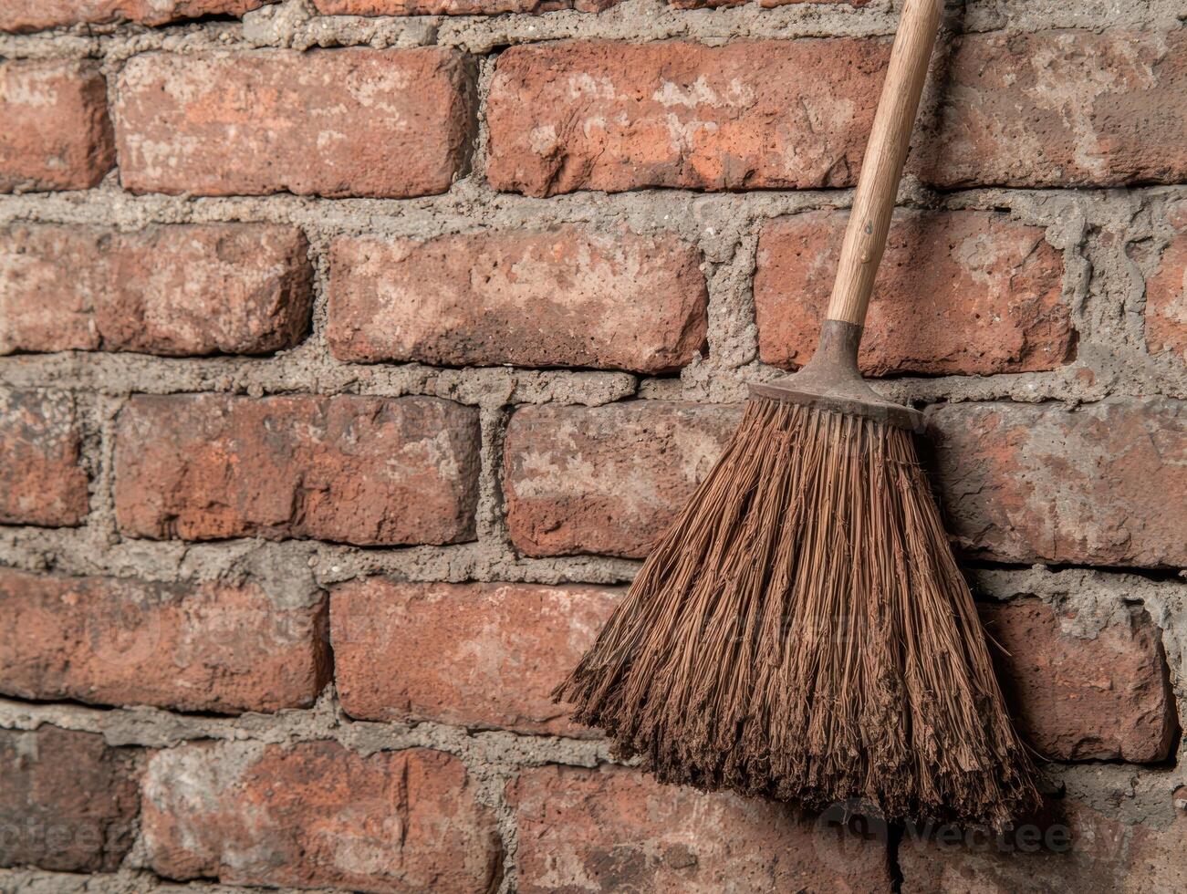 A broom leaning against a brick wall photo