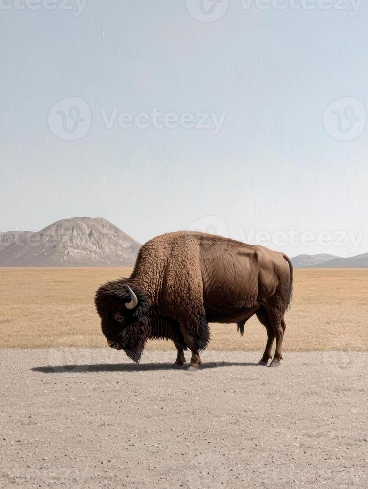A majestic bison grazing in a vast, open field photo