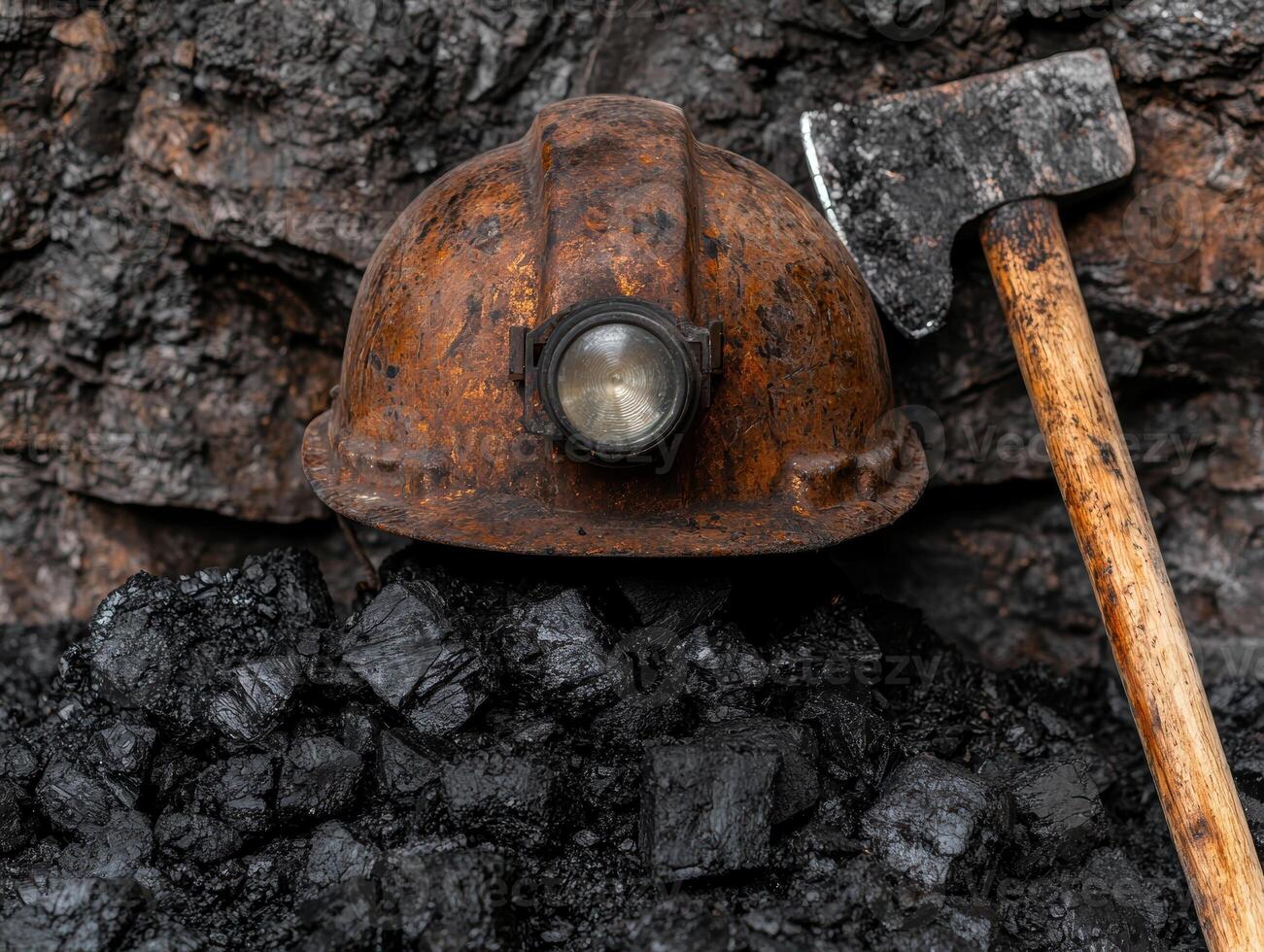 A miners helmet and pickaxe sit atop a pile of coal photo