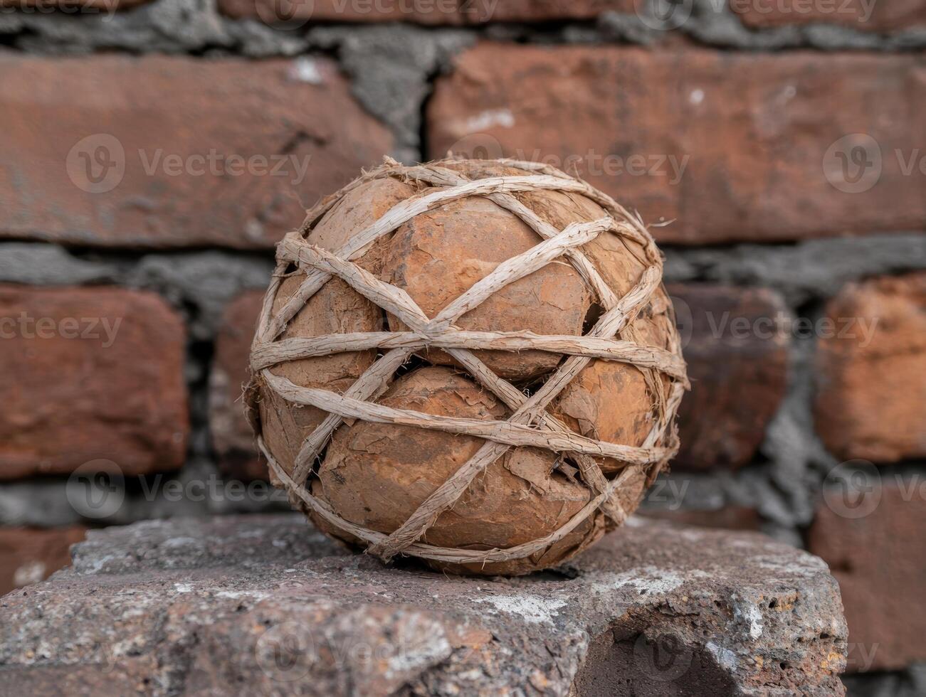 A ball made of rocks and string sits on a stone surface photo