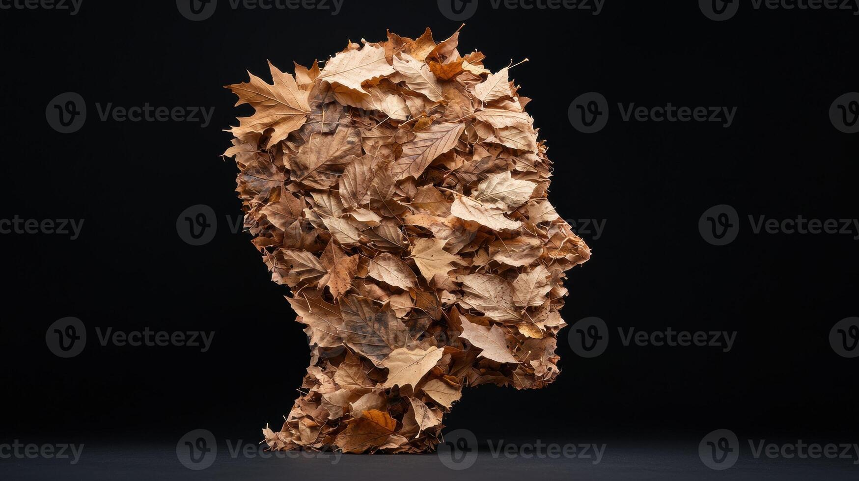 Head in profile made of autumn leaves on black background photo