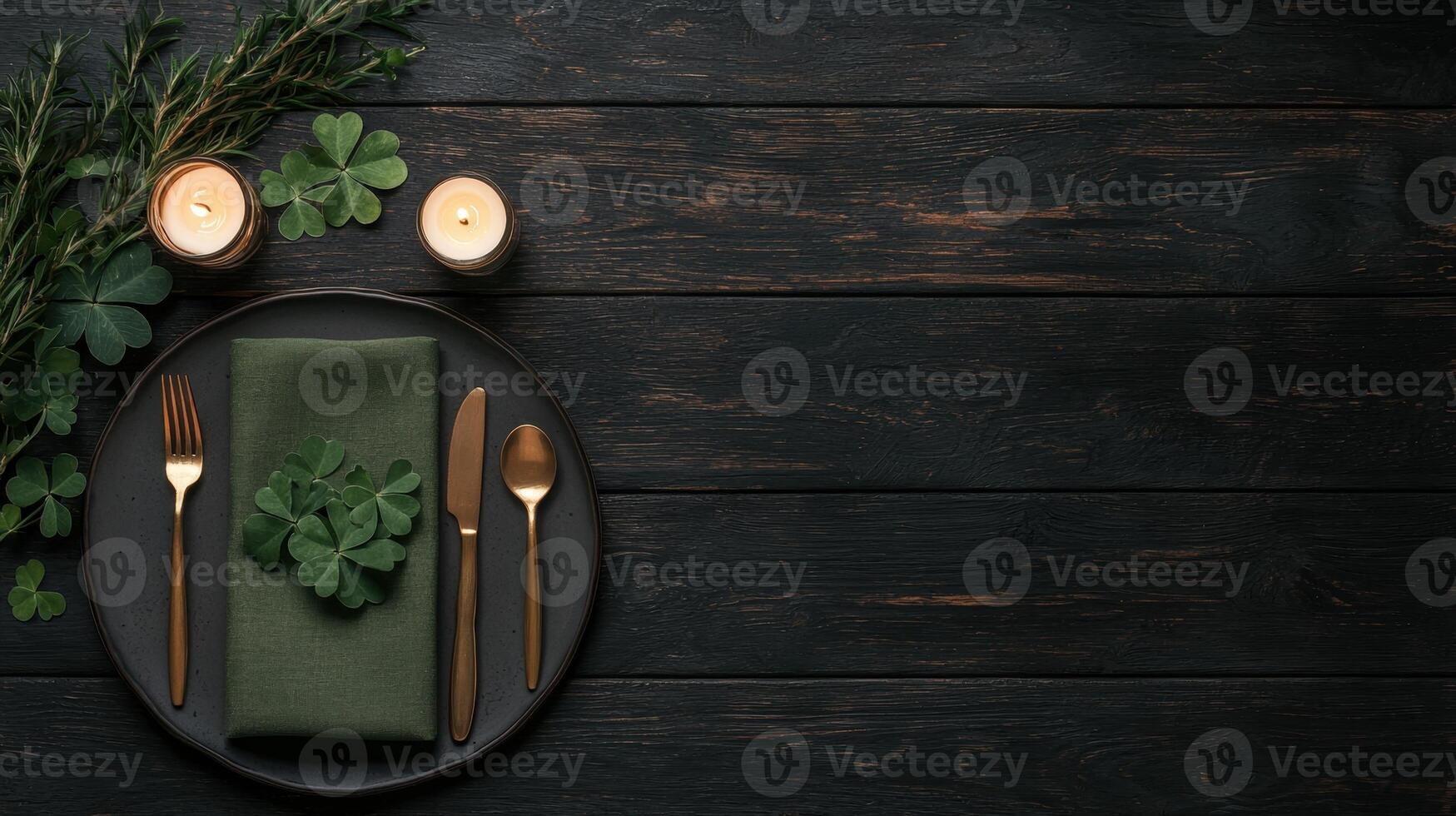 St Patricks day place setting with shamrocks and candles on a dark wood background photo