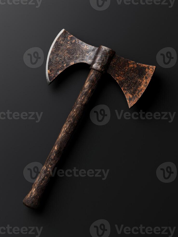 A double bladed axe with intricate carvings on a black background photo