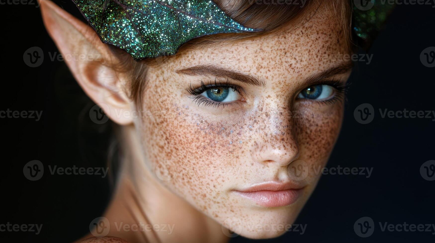 Portrait of a beautiful elf woman with freckles and blue eyes photo