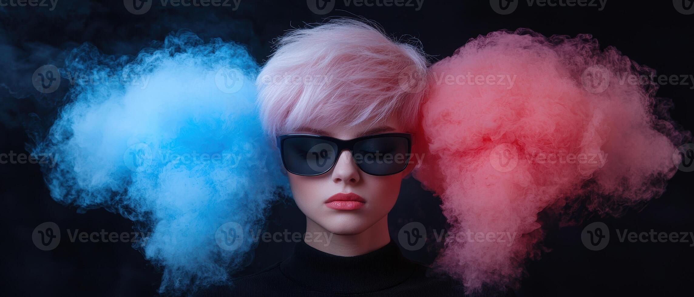 Woman with pink hair and sunglasses surrounded by colorful smoke photo