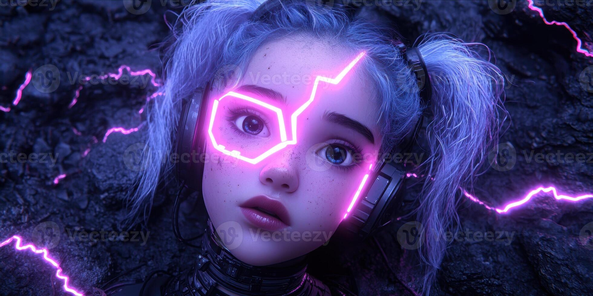 Futuristic girl with neon lights and headphones photo